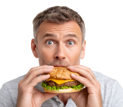 Man eating cheeseburger isolated on transparent background.