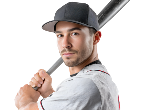 Baseball player in uniform swinging bat isolated on transparent background.