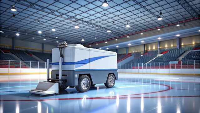 A zamboni machine rests on a freshly-surfaced rink inside an empty arena