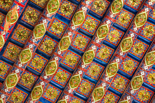 Coffered ceiling in Kuhna Arc mosque in Khiva, Uzbekistan