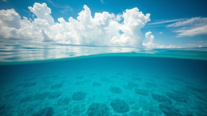 Fototapeta premium A stunning split-level ocean scene showcases fluffy white clouds above vibrant turquoise water with a sandy seabed below.
