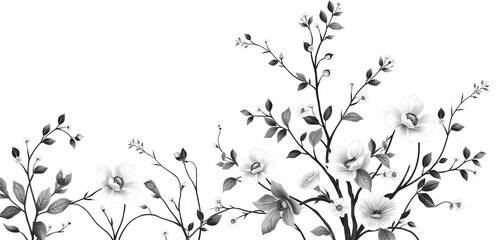 Fototapeta premium Elegant monochrome chinoiserie floral wallpaper, featuring delicate hand-drawn motifs and ample negative space, graphics, surface pattern