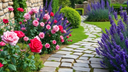 Fototapeta premium A picturesque garden path winds through vibrant rose bushes and lavender plants, creating a stunning and tranquil outdoor scene.