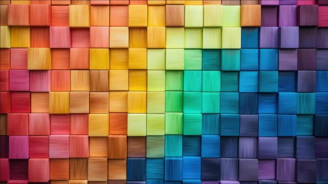 A colorful wall made of blocks with a rainbow pattern. The blocks are of different colors and sizes, creating a vibrant and lively atmosphere. The wall seems to be a work of art - Powered by Adobe