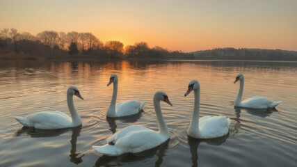 Fototapeta premium Five graceful white swans glide serenely across a calm lake at sunset reflecting the warm golden light beautifully.