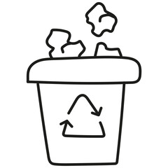 nature conservation concept. Recycling bin with crumpled paper waste inside.hand drawn doodle line style