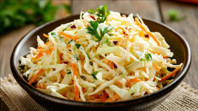 A bowl of coleslaw with shredded carrots and parsley. The bowl is on a wooden table
