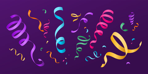 Fototapeta premium Confetti celebration vector background with colorful gradient serpentine ribbons. Anniversary, carnival, birthday illustration in cartoon simple style with paper streamers. Festive isolated design.