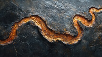 Orange riverbed carved in dark stone. Background rough texture. Use geology, nature, texture