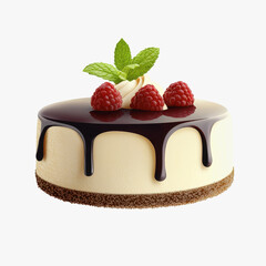 Exquisite cake topped with rich chocolate and fresh raspberries displayed in a beautiful top-down view presentation