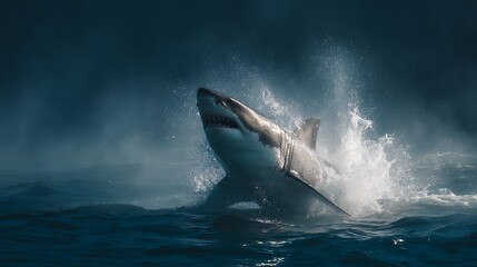 Fototapeta premium A great white shark emerges dramatically from the ocean waters, highlighting its powerful and predatory nature. .