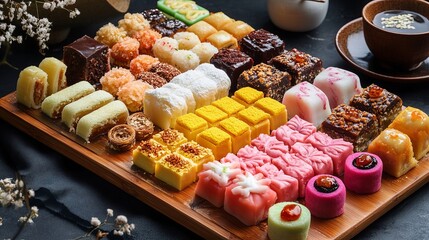 Fototapeta premium Delicious variety of colorful asian pastries and sweets food life cakes tasty baked sugar candy plate