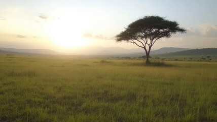 Obraz premium Soft Sunrise Behind A Lone Tree In A Vast Field Of Tall Grass Under A Clear Sky