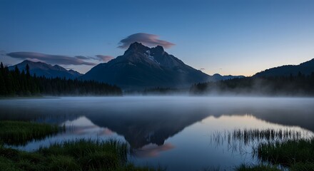 Mountain at Dawn Reflected in Lake with Fog