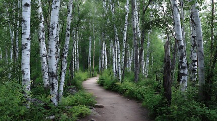 Fototapeta premium A path winds through a serene forest of birch trees, their white bark standing tall against the backdrop of green foliage. .