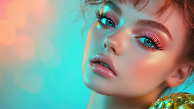 A woman with blue eyes and pink lips is wearing makeup. She has a bright blue eyeshadow and pink lipstick