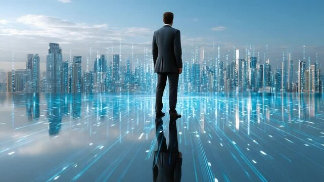 Visionary Outlook: A resolute figure of business gazes out upon a futuristic cityscape, symbolizing ambition, foresight, and the pursuit of innovation.