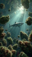 Obraz premium A serene underwater world bathed in soft, cinematic light rays filtering from above. A single great white shark glides through the ocean depths, surrounded by hundreds of .