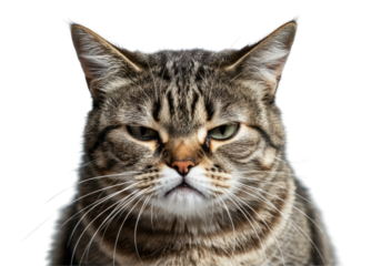 Grumpy tabby cat with irritated expression isolated on white background