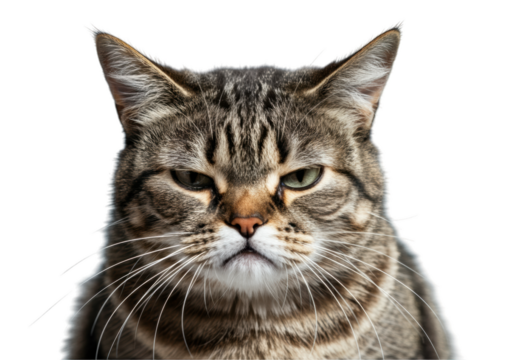 Grumpy tabby cat with irritated expression isolated on white background