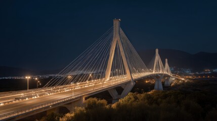 Naklejka premium A bridge with a light on it is lit up at night