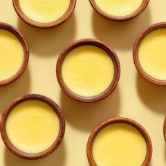 Delightful Quindim Desserts in Small Wooden Bowls on Yellow Background