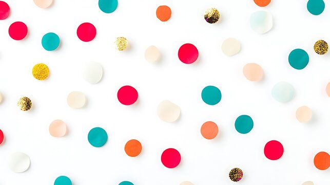Cute polka dot-style confetti pattern gently scattered over solid white.
