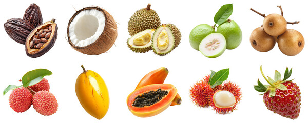 Colorful Display of Exotic Fruits Including Durian, Lychee, Papaya, and Longan on White Background. Large Multiple Plant and Nature Collection Set Isolated on Transparent Background