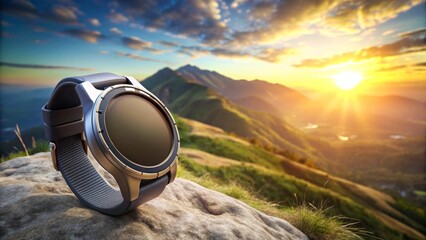 Smartwatch on Mountain Peak at Sunset A Technological Companion for Outdoor Adventures