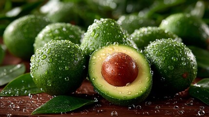 A bunch of avocados with water droplets on them on a wooden table