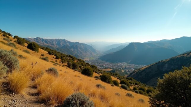 Panoramic view of Sierra de Enguera at midday under sunny skies, displaying forested hills and valleys.