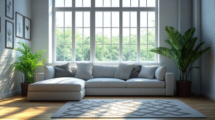 Modern, bright living room with large windows