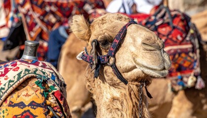 Closeup Camel Head with Colorful Saddle