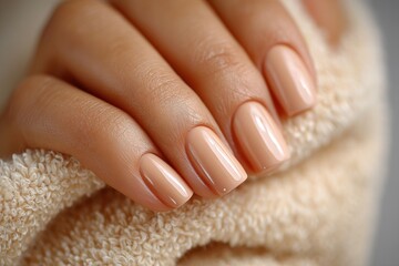 Naklejka premium Close-up of a woman's hand with a fresh manicure and beige color nails, resting on a soft, textured beige towel, showcasing elegance and modern beauty.