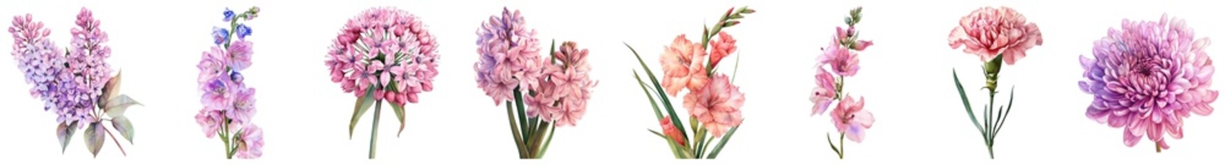 Delicate Arrangement of Various Pink and Purple Flowers on a Transparent Background