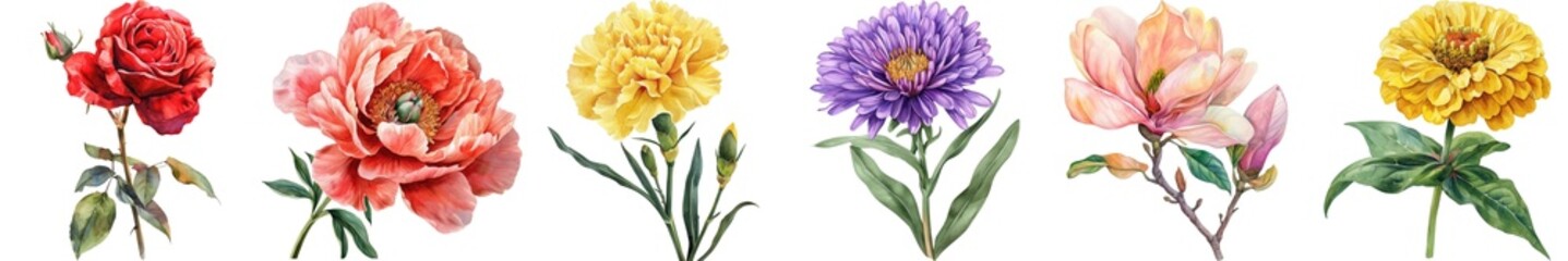 Colorful Floral Arrangement Featuring Red Rose, Yellow Marigold, Purple Aster, Pink Peony, and Vibrant Blooming Flowers