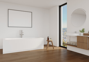 Modern minimalist bathroom with natural light and a stunning view