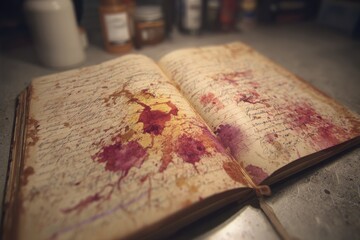 An open antique book with handwritten text and mysterious blood-like stains, revealing forgotten secrets and intriguing narrative of historical events and tales.