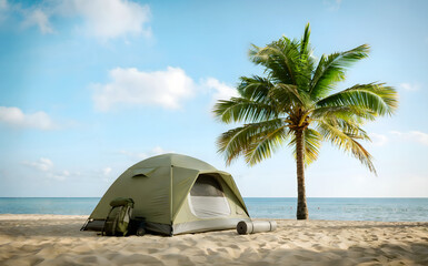 Serene Camping Experience by the Beach with Tropical Palm Tree