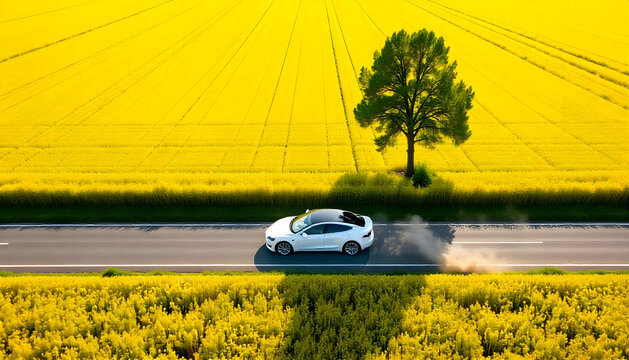 An aerial view captures a white car speeding down a road through a golden yellow field.