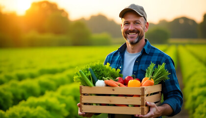 Happy farmer showing off a wooden crate of freshly picked, vibrant vegetables on his farm.