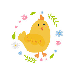 Cute chick with spring flowers