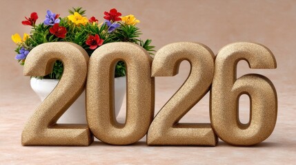 Obraz premium Sparkling Gold 2026 New Year's Numbers with Blooming Flowers in Pot
