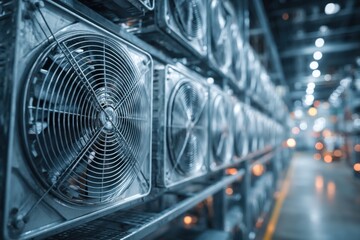 Close up of bitcoin cryptocurrency mining farm equipment, rows of computer servers and cooling fans generating digital money, digital financial network and processing of data.