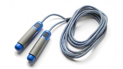 A blue and gray jump rope with ergonomic handles lies coiled on a white background, ready for a fitness workout.