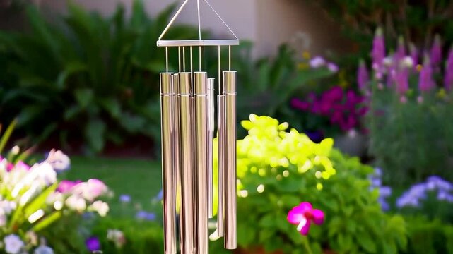 Metal wind chimes gently swaying in lush garden with colorful blooming flowers and plants in soft natural light.