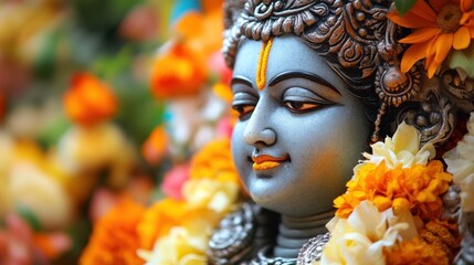 A close-up view of a serene deity sculpture adorned with vibrant flower garlands, showcasing intricate details and cultural significance in a spiritual context.