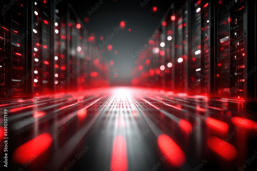 Poster a futuristic server room illuminated in red light, showcasing data storage and processing with serve