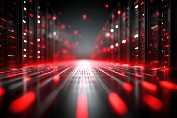A futuristic server room illuminated in red light, showcasing data storage and processing with server racks, creating a high-tech environment for modern technology.