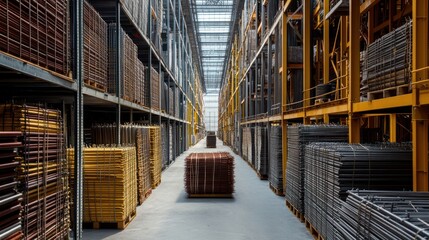 Fototapeta premium Warehouse aisle with metal mesh, construction supplies